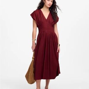 Madewell Pleated V-Neck Burgundy Midi Dress